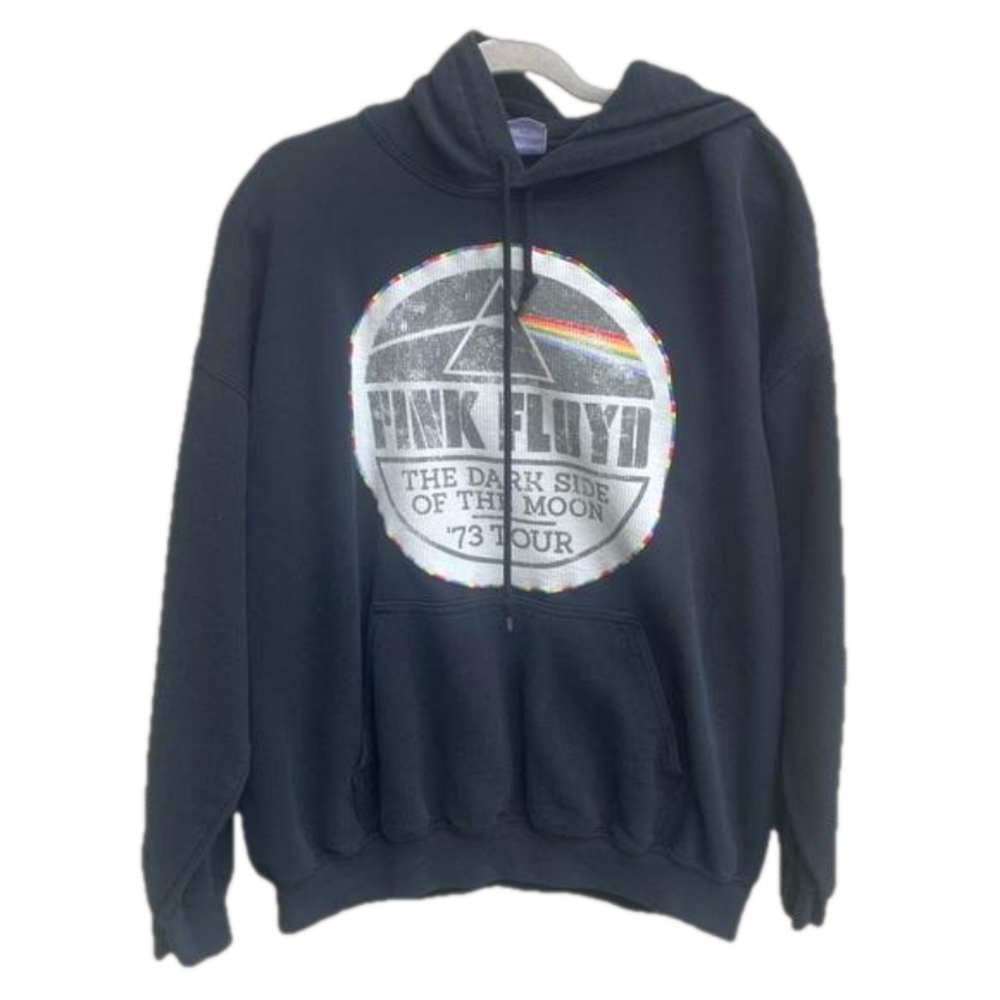 Upcycled Pink Floyd Graphic Hoodie with Rainbow Stitching Gildan Unisex Size XL
